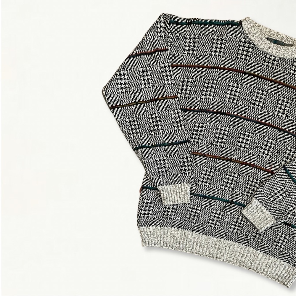 Vintage 90s Etchings Heavy Knit Crewneck Sweater Large Striped Optical Illusion - Picture 2 of 16